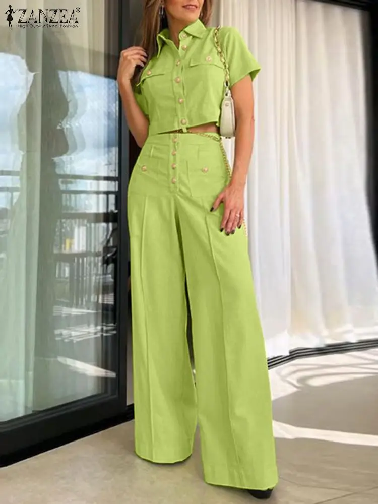 

2023 ZANZEA Vintage Matching Sets Cropped Tops Wide Leg Pants Woman Fashion OL Urban Tracksuit Summer Party Outifits Oversized