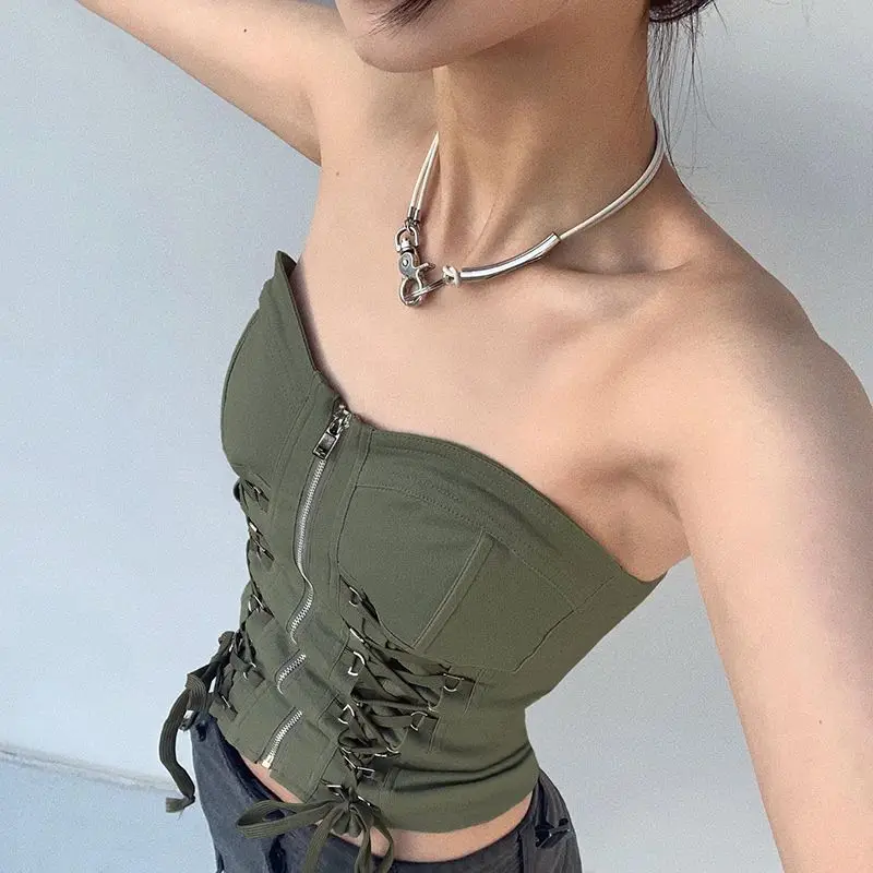 

SABINAX Hot Sexy Girl Lace-up Vests Zipper Outer Wear Chest Female Slim Short Suspender Tanks Korean Fashion Summer Crop Tops