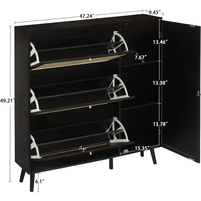 FOKWE Natural Rattan Shoe Cabinet, Shoe Cabinet with 3 Flip Drawers and Storage Shelves, Modern 3-Tier Shoe Rack Storage Cabinet 4