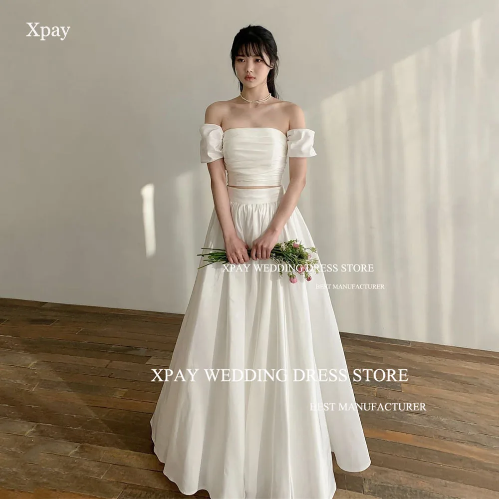

XPAY Simple 2 Pcs A Line Wedding Dresses Strapless Korea Bride Dress Floor Length Detachable Short Sleeves Formal Party Dress