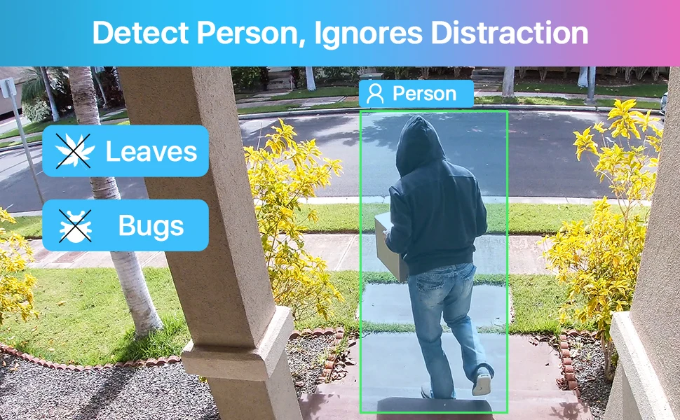 Image displaying a wireless surveillance camera system focusing on person identification. A person in a hoodie is framed in green, while leaves and bugs are marked as non-targets.