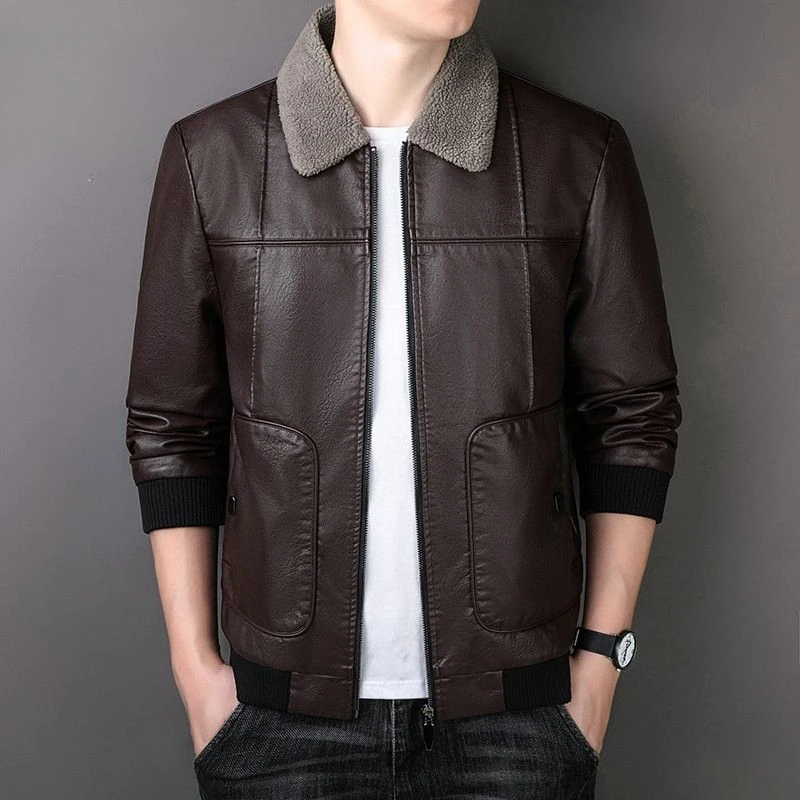 Men Leather Jacket Spring Autumn Thin Casual Solid Color Men Jacket Winter Fleece Lined Fashion Large Size PU Leather Jacket