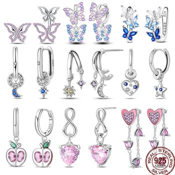 925 Sterling Silver Spring Earrings Butterfly Starry Pink Colored Zirconia Original Design Charm Earrings Fit Engagement Party