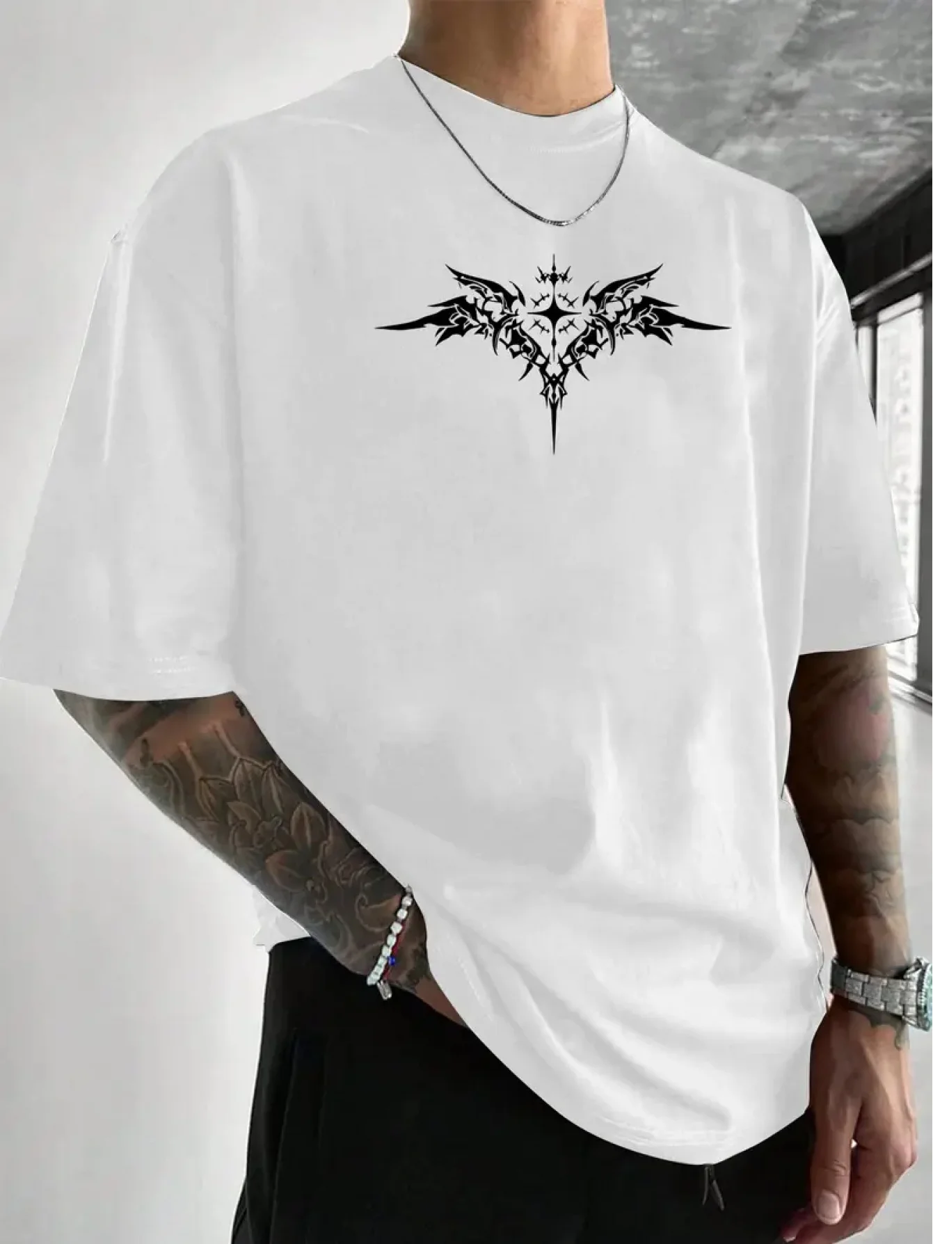 Gothic Thorn Cross Wing Graphic Print Cotton Men's Summer Streetwear T-Shirt