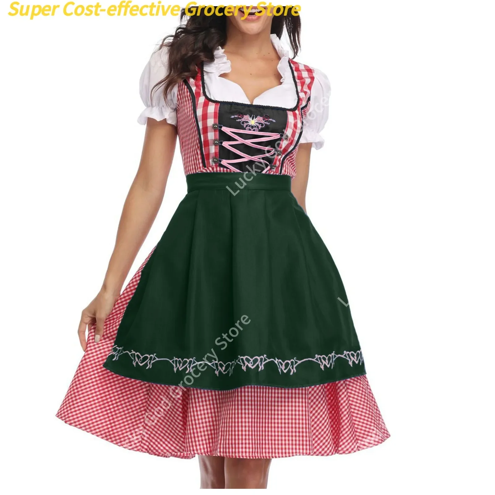 Oktoberfest Plaid Dirndl Dress Lady German Bavarian Beer Wench Waitress Apron Costumes Halloween Cosplay Carnival Party Dresses 3