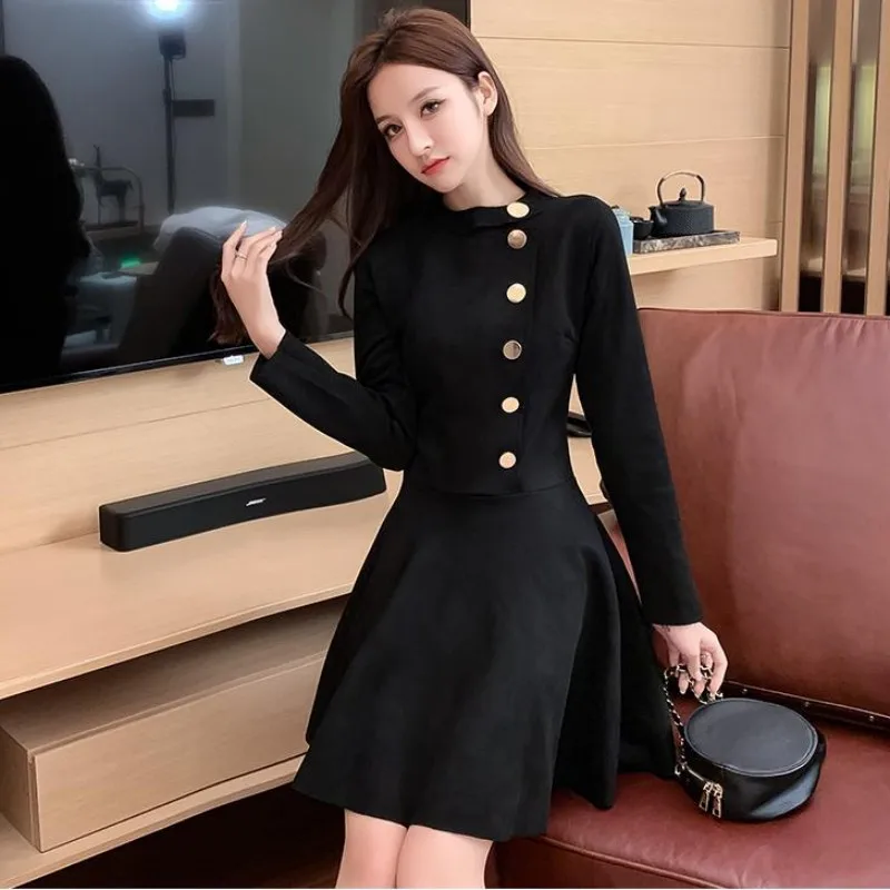 

2023 Summer New Dress Gentle Style Waist Retraction Appear Thin Fashion Hepburn Wind Insert Round Neck Buttons Free Shipping