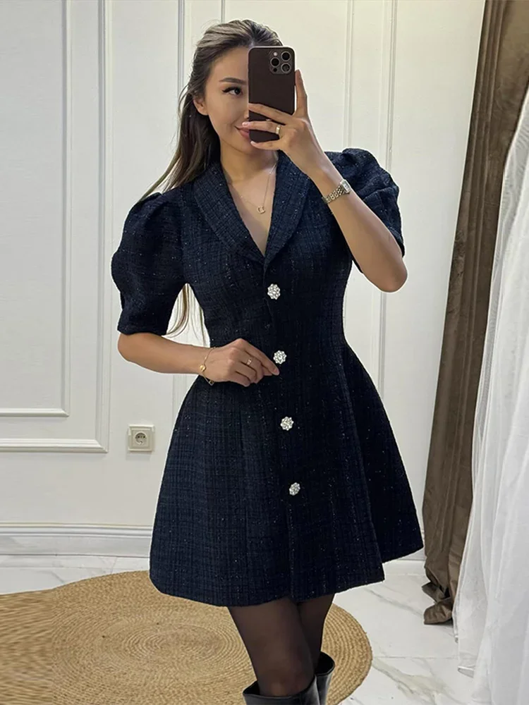 Revers Kurzarm Taille Cinching Mini Kleid Frauen Elegante Puff Ärmeln Einreiher Schlank Party Abendkleider Neue Partywear – Detail 5