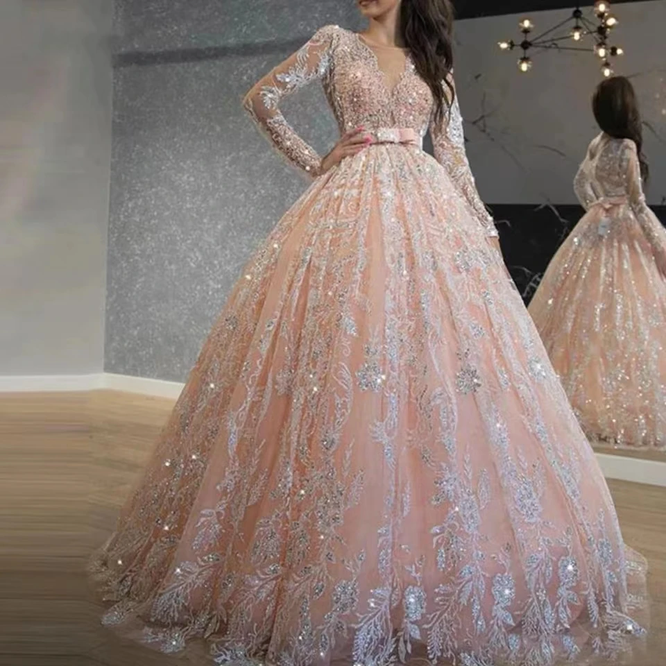 Gorgeous Pink O-Neck Long Sleeve Sequin Crystal Glitter Beaded Applique Leaf Embroidery Floor-Length Bridal Ball Dress