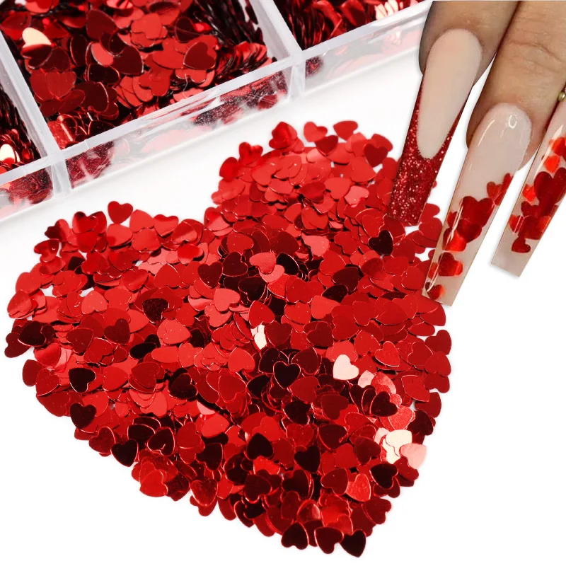 Valentines Day Mixed Love Heart Nail Glitter Red Flake Sequin Powder Decorative Accessories Professional Nail Art Supplies