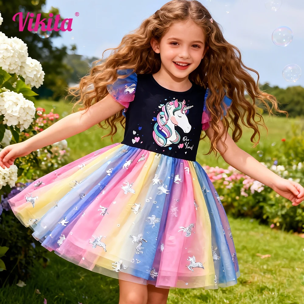 VIKITA Mädchen Buntes Regenbogen-Einhorn-Druck-Sommerkleid mit ausgestellten Ärmeln, glitzerndes silbernes Tüll-Mesh-Süßes Prinzessin-Partykleid für Kinder