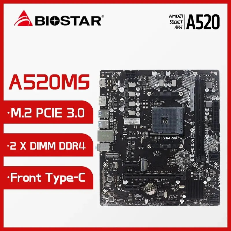 BIOSTAR A520MS DDR4 4400(OC) MHz M.2 PCIe 3.0 AMD Ryzen 5000 Series AM4 Micro-ATX A520 Motherboard