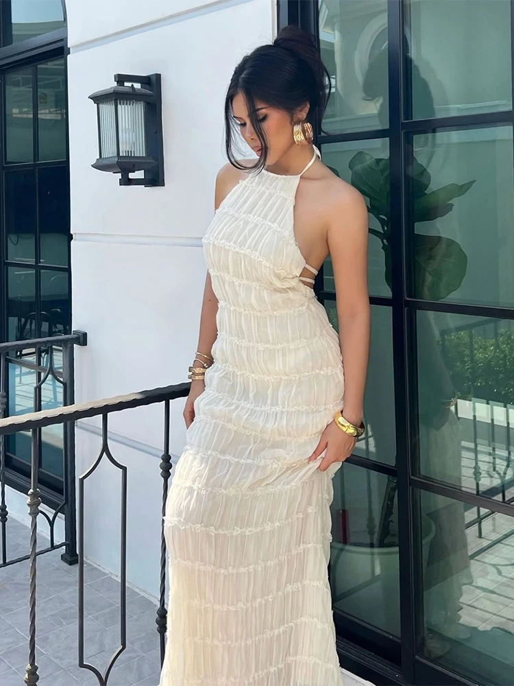 Yellow Ruffled Backless Halter Maxi Dress Women's Sexy