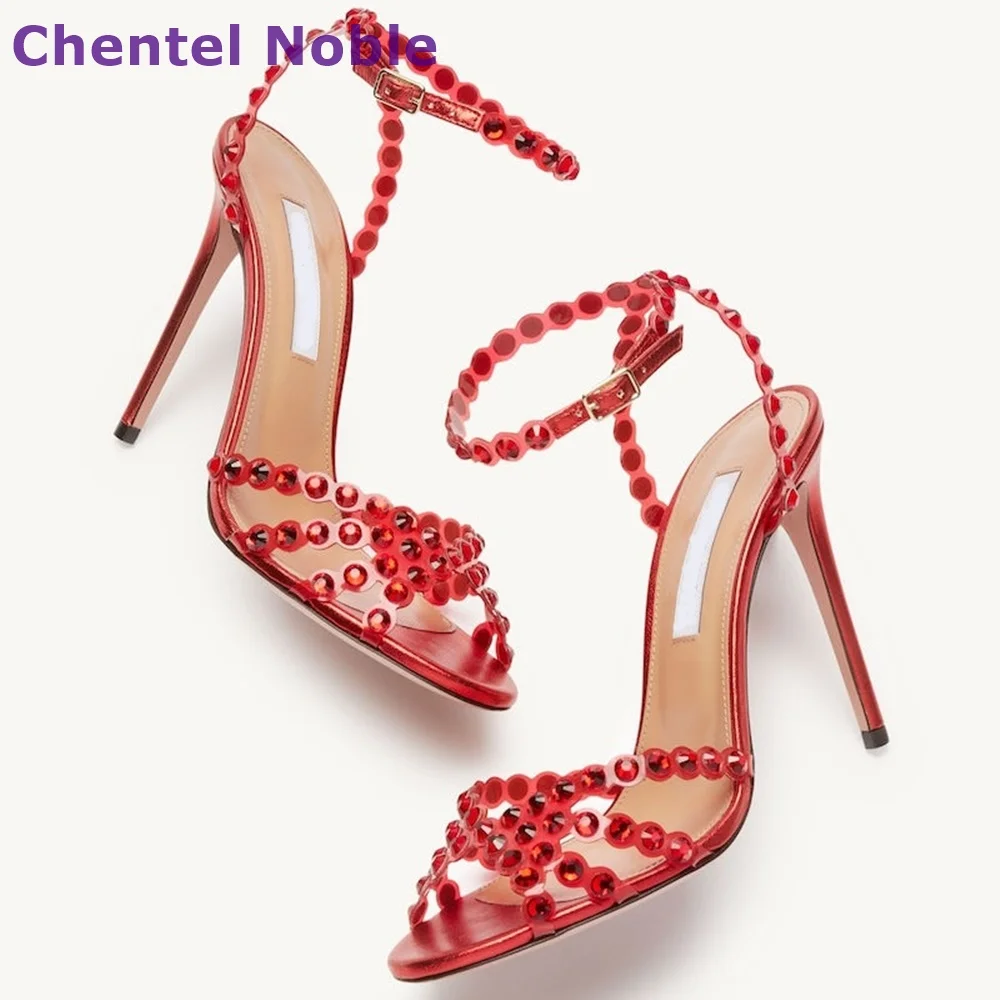 Red Rhinestone Luxury Sandals Round Toe Thin High Heels Open Toe Buckle Strap Sandals Hottest Fashion Sexy Summer Women Shoes