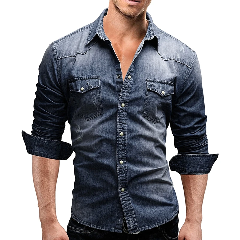 Denim Shirt Men Spring Autumn Casual Long Sleeve Lapel Solid Color Button Shirts For Daily Wear denim shirt long sleeved shirt