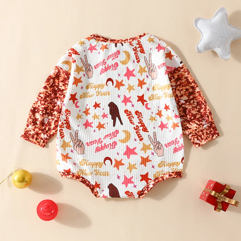

Детский Рождественский комбинезон, свитшот с круглым вырезом и надписью со звездами, комбинезон с длинным рукавом, одежда для малышей на осень и зиму
