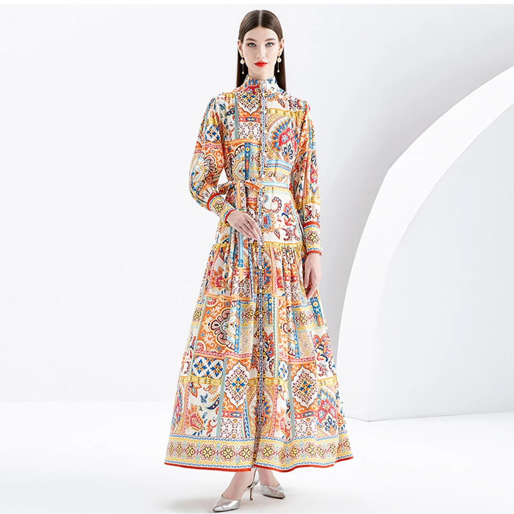 

Elegant Maxi Dress Spring Summer New Fashion Designer Women Runway High Street Vintage Flowers Print Ruffles Vestidos Outfits