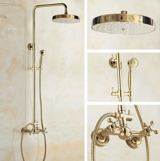 

Golden Brass Bathroom Faucet Set 7.7 inch Shower Head Wall Mounted Rainfall/Handheld Shower Hot And Cold Taps Kit 2gf325