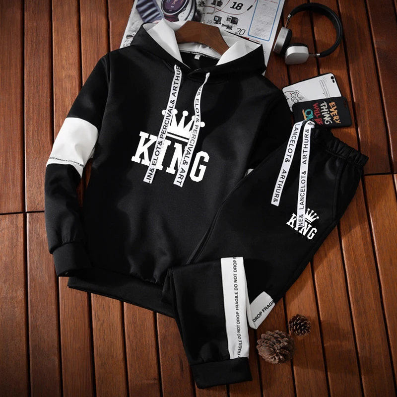 New Fashion King Print Men Hoodies Pants 2Pcs/Sets Sweatshirt Sweatpants Male Gyms Fitness Tops Trousers Joggers Sportswear trending men hoodies pants 2pcs sets sweatshirt sweatpants male gyms fitness tops trousers joggers sportswear tracksuits