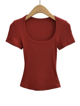 Square Collar High Stretch Summer Crop Tops Women Short Sleeve Tops Sexy Pullover Bottoming Blouses Slim T-shirt 5
