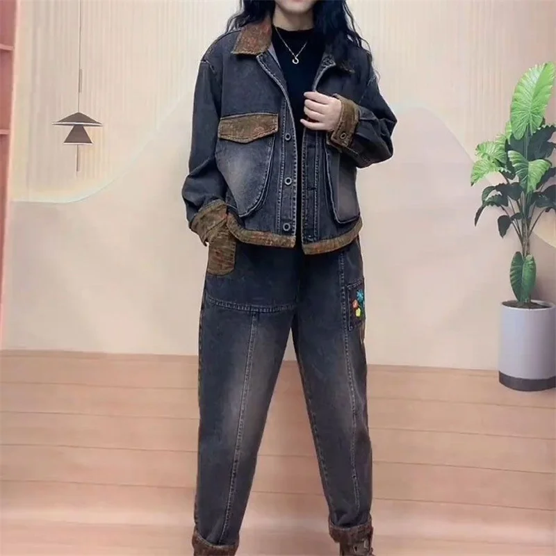 Retro Women Jeans Suits 2025 New Autumn Women's Hooded Stitching Denim Jacket Fashion Suit Female Two-Piece Sets Cotton Vintage