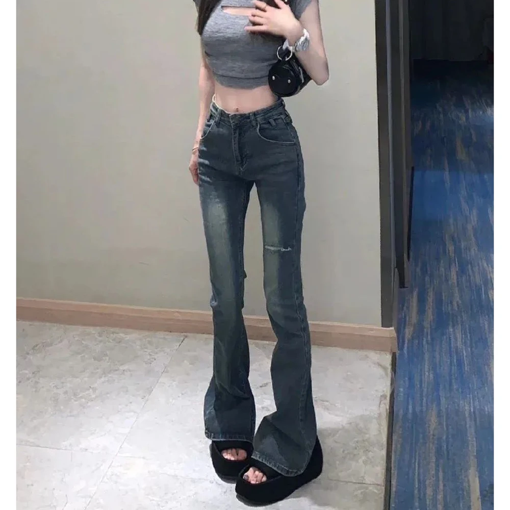 Retro Distressed High Waisted Jeans Invisible Open Crotch Outdoor Sex  Elasticity Slim Flared Pants Mopping The Floor Trousers