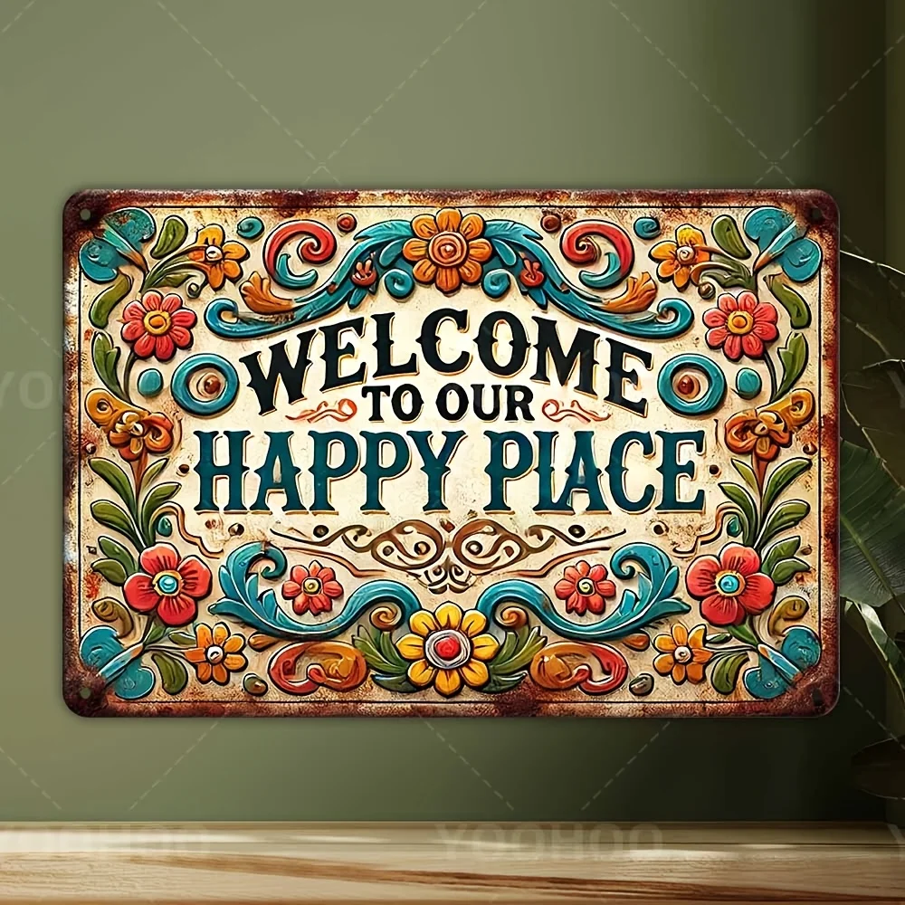 "Welcome to Our Happy Place" Aluminum Sign  - Rustic Vintage Wall Decor with Colorful Floral Design, Durable Metal Home Entrywa
