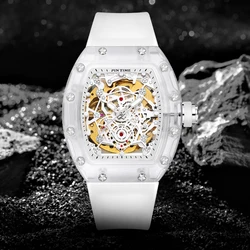 PINTIME Men Watch New Fashion Automatic Mechanical Watch Transparent White Hollow Large Dial Sport Luminous Wristwatch Relo Homb