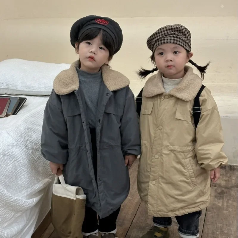 

Winter Kids Parkas woolen Lapel collar long style boys quilted coats Fur Lining thicken warm girls jackets