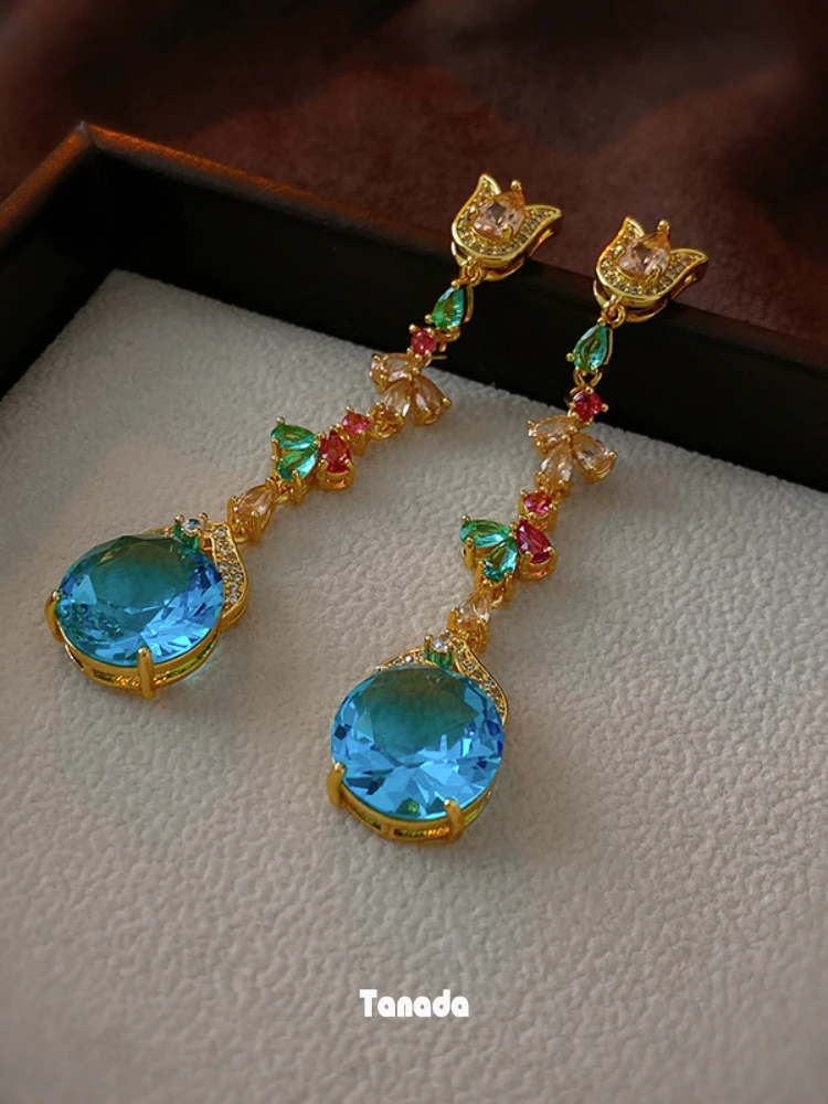 

Серьги-подвески с цветными цирконами в стиле ретро, висячие ювелирные украшения в виде цветка тюльпана, с кисточкой, с гальваническим покрытием из 18-каратного золота в китайском старинном стиле, подарок для женщин