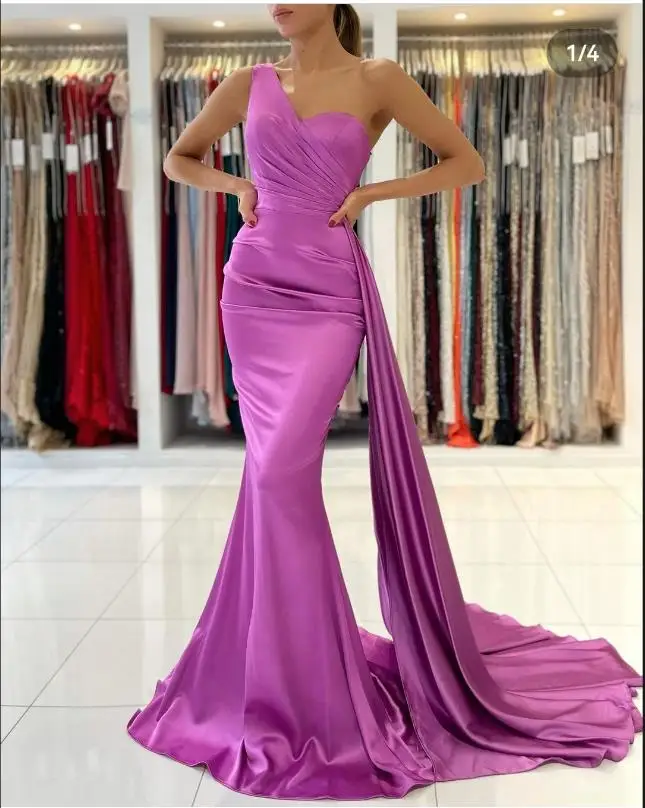 

Mermaid Satin Evening Dresses One Shoulder Party Wear Wedding Guest Dress with Sweep Train Robes de Soirée vestidos de noche