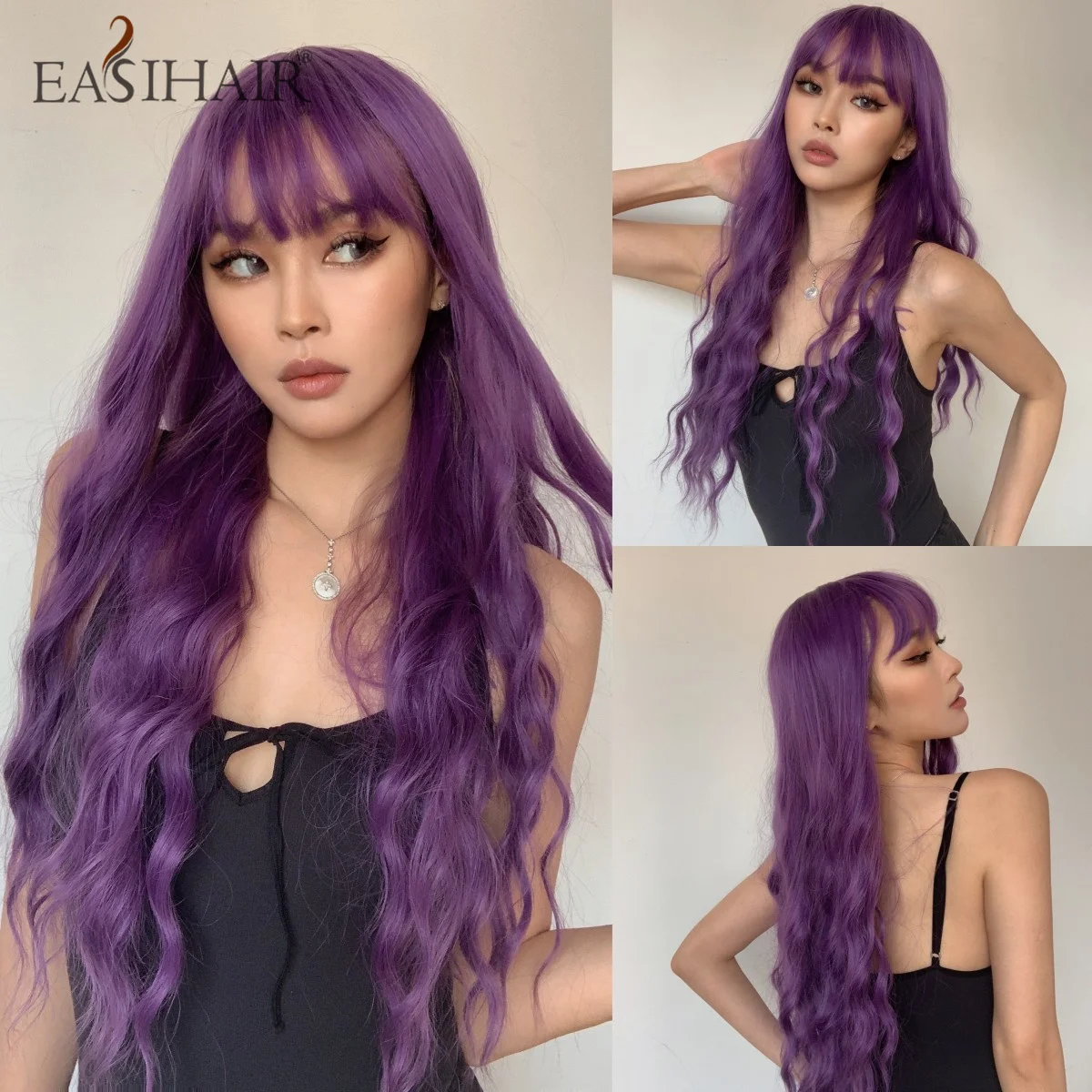 EASIHAIR Parrucche sintetiche lunghe e ondulate viola con frangia per donne Parrucca colorata per feste di cosplay di Halloween Fibra resistente al calore_voghion.com