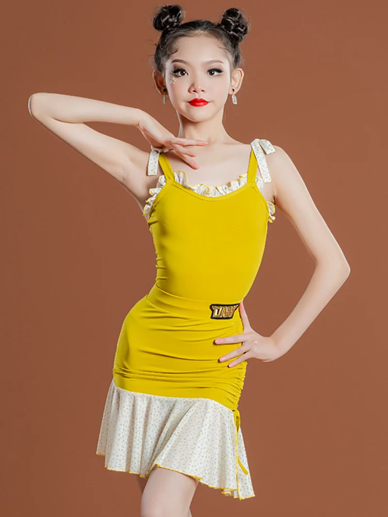 

Kids Girls Latin Dance Clothes Yellow Tops Skirt Rumba Tango Cha Cha Ballroom Dance Performance Costume Practice Wear