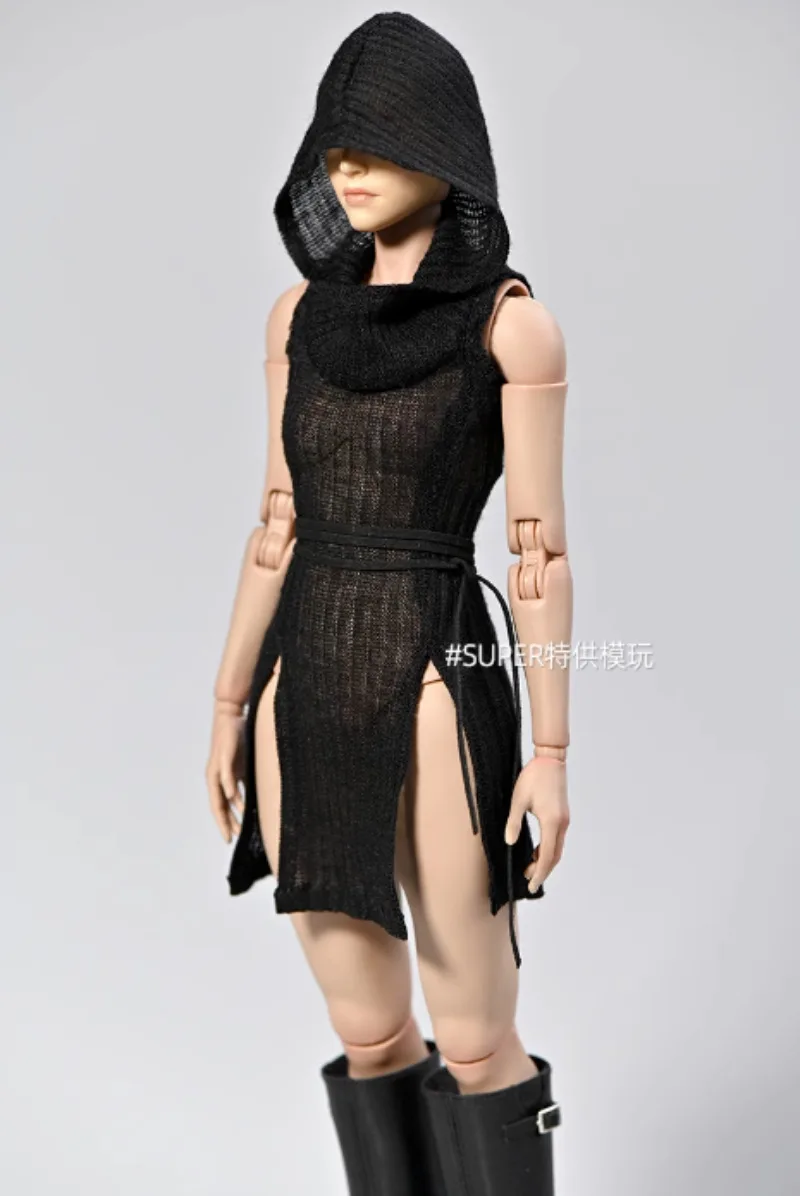 

1/6 Female Sodier See-through Black Hoodie Split Dress Model for 12'' Ph Tbl