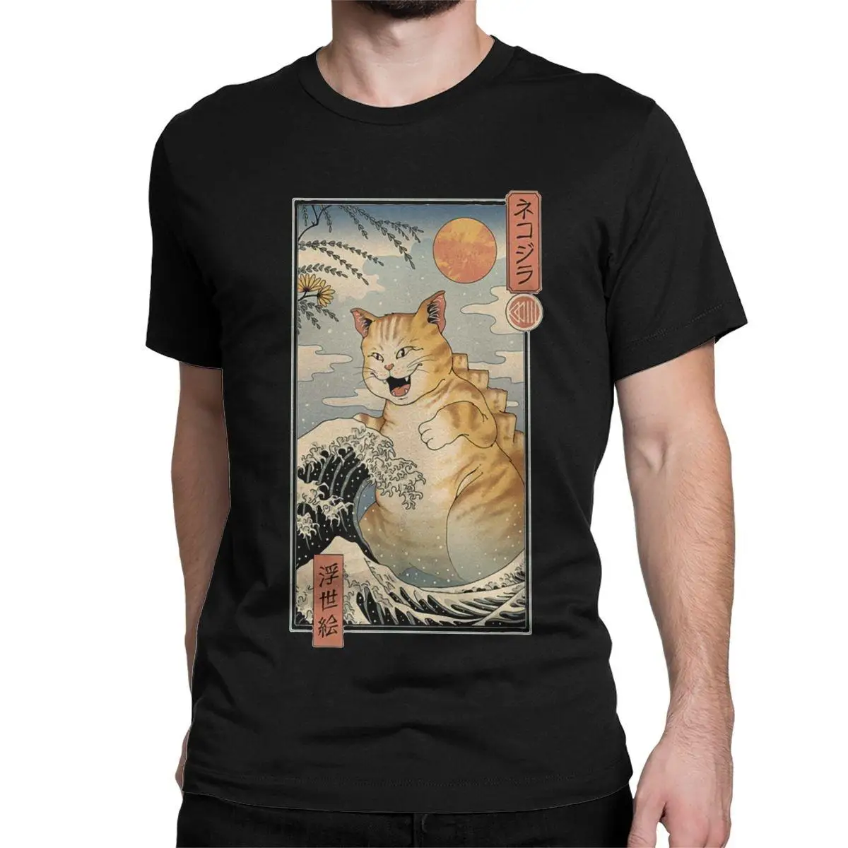 

Novelty Catzilla Ukiyoe Killler Gift For Cat Lovers T-Shirts Men Crew Neck 100% Cotton T Shirt Japanese Tees Printed Clothing