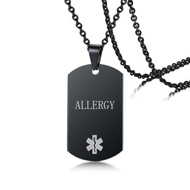 Black Stainless Steel Dog Tag Necklace Engraved Medical Alert Disease ...
