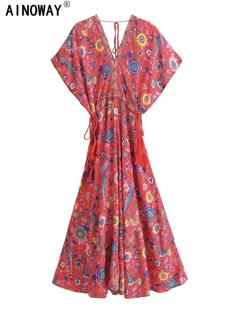 Vintage Chic Fashion Women Peacock Floral Print Bat Sleeve Beach