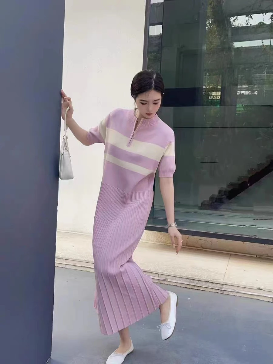 

Summer Elegant Dress Women Knitted Ice Silk Short Sleeve Zipper Pleated Casual Loose Long Dresses Korean Fashion Contrast Color