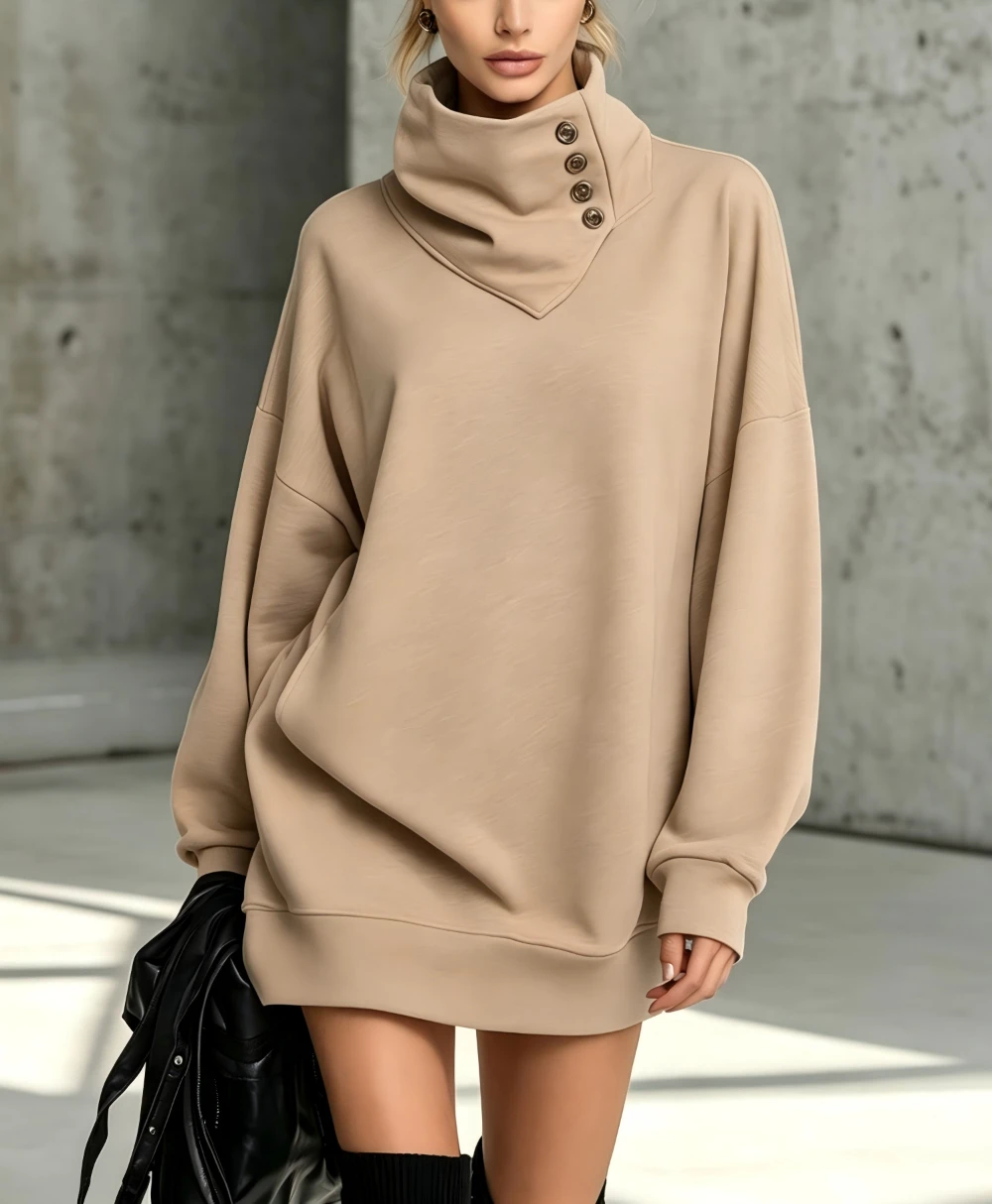 Vintage Niche Design Button Placket High Collar Long Sleeve Top For Women Fashion Simple Loose Daily Versatile Solid Color Top