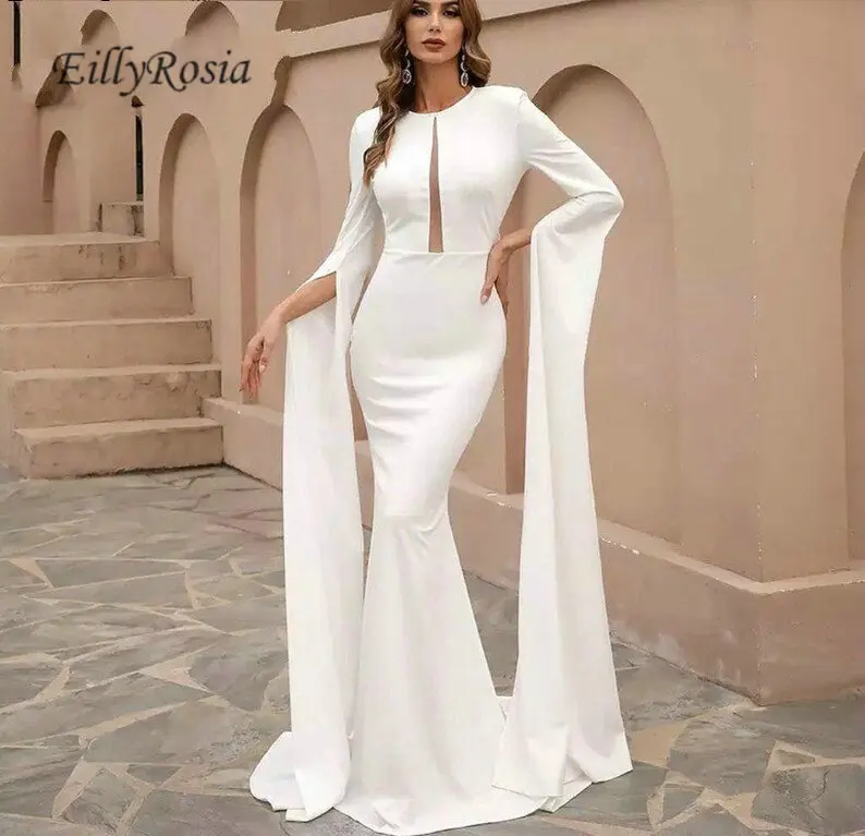 

Женское вечернее платье EillyRosia, белое платье с длинным рукавом и юбкой-годе, элегантное официальное платье до пола для помолвки