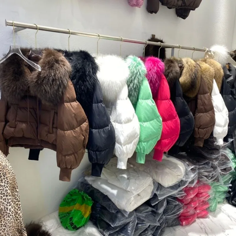 2023 New Winter Puffer Jacket Women Thick Warm Short Parkas Real Natural Raccoon Fur Female Loose 90% White Duck Down Coat