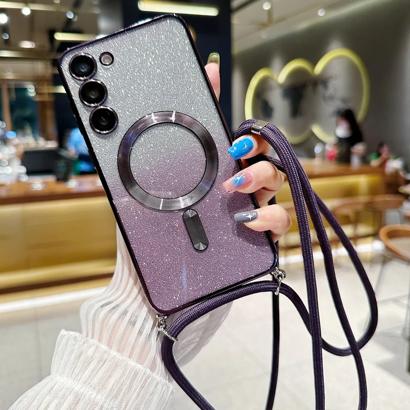 Custodia con glitter sfumato con cordino a tracolla per Samsung Galaxy S23 S21 FE S22 Ultra Plus per copertura magnetica in TPU magnetica Magsafe_voghion.com