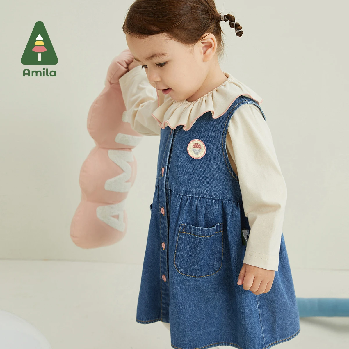 Amila-어린이 드레스 세트, 2022 년 가을 새로운 긴 소매 티셔츠 + 데님 드레스 정장, 여아용 귀여운 생일 아동복