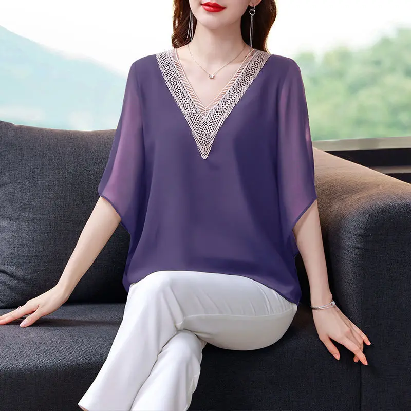 Fashion Elegant Embroidery Sexy Hollow V-neck Chiffon Blouse Top Women 2023 Summer Solid Loose Irregular Half Sleeve Ladies Tops