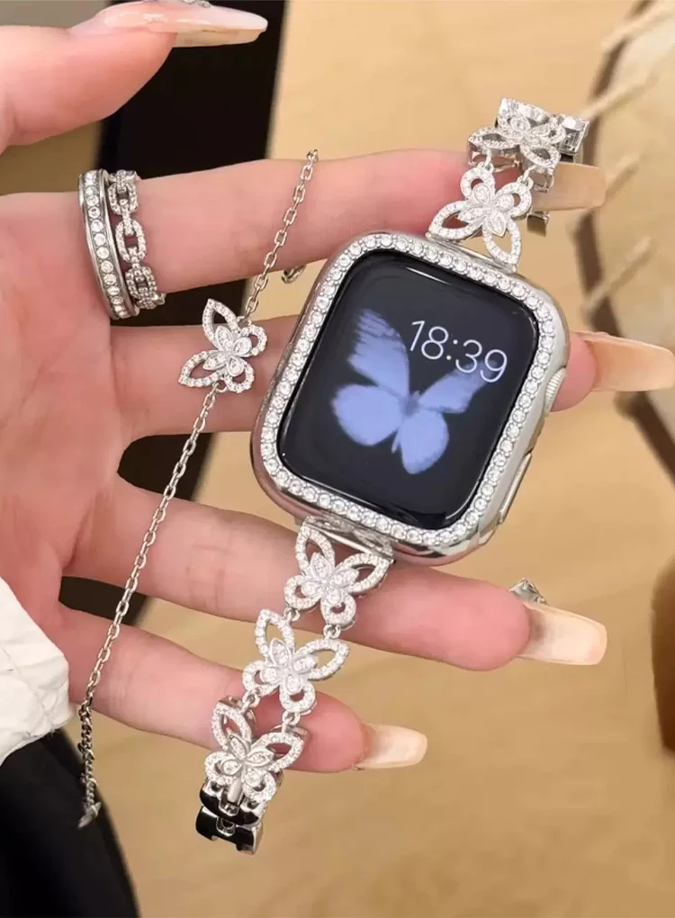 

Роскошный Бриллиантовый ремешок с бабочкой для Apple Watch 38 мм 41 мм 42 44 мм 45 мм 49 мм тонкий металлический ремешок для девушек для iWatch Ultra 9 8 7 6 SE 5 4