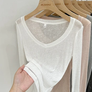 Zjaiss Women's T Shirt V Neck Sun Protection Long Sleeve T Shirt 2026 Summer New Lazy Style Sheer Thin See Through Cover Up Top