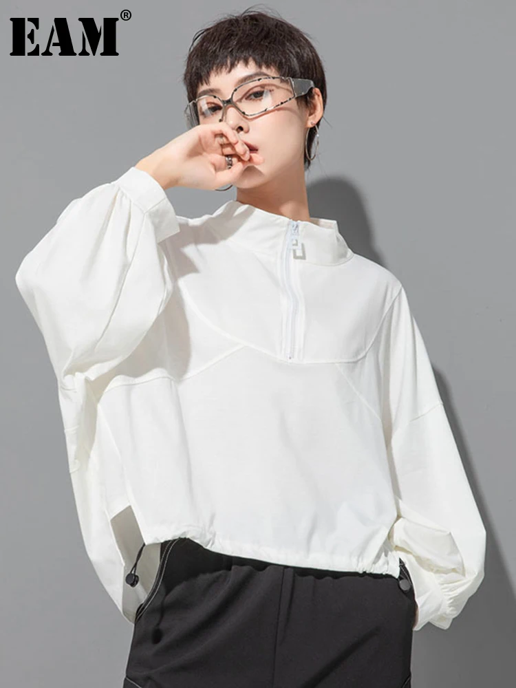 EAM] Women White Drawstring Zipper Big Size Casual T-shirt New