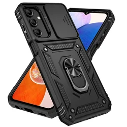 Military Grade Slide Camera Lens Armor Phone Case with Holder Ring Stand Cover for Samsung S24FE (Black)