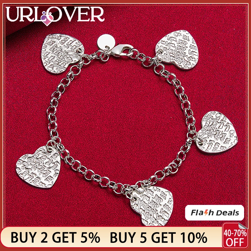 

URLOVER 925 Sterling Silver Bracelet Romantic Heart Pendant Bracelets For Woman Party Wedding Fashion Jewelry Birthday Gifts