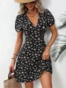 New Summer Women's Elegant Floral Printed Dress Casual Vacation Sweet V Neck Puff Sleeve Dresses