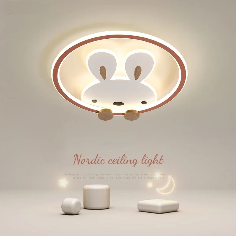 

Nordic Eye Care LED Ceiling Light for Children's Bedroom Foyer Kids Nursery Study Pink Rabbit Animal Iron Modern Ceiling Lamp